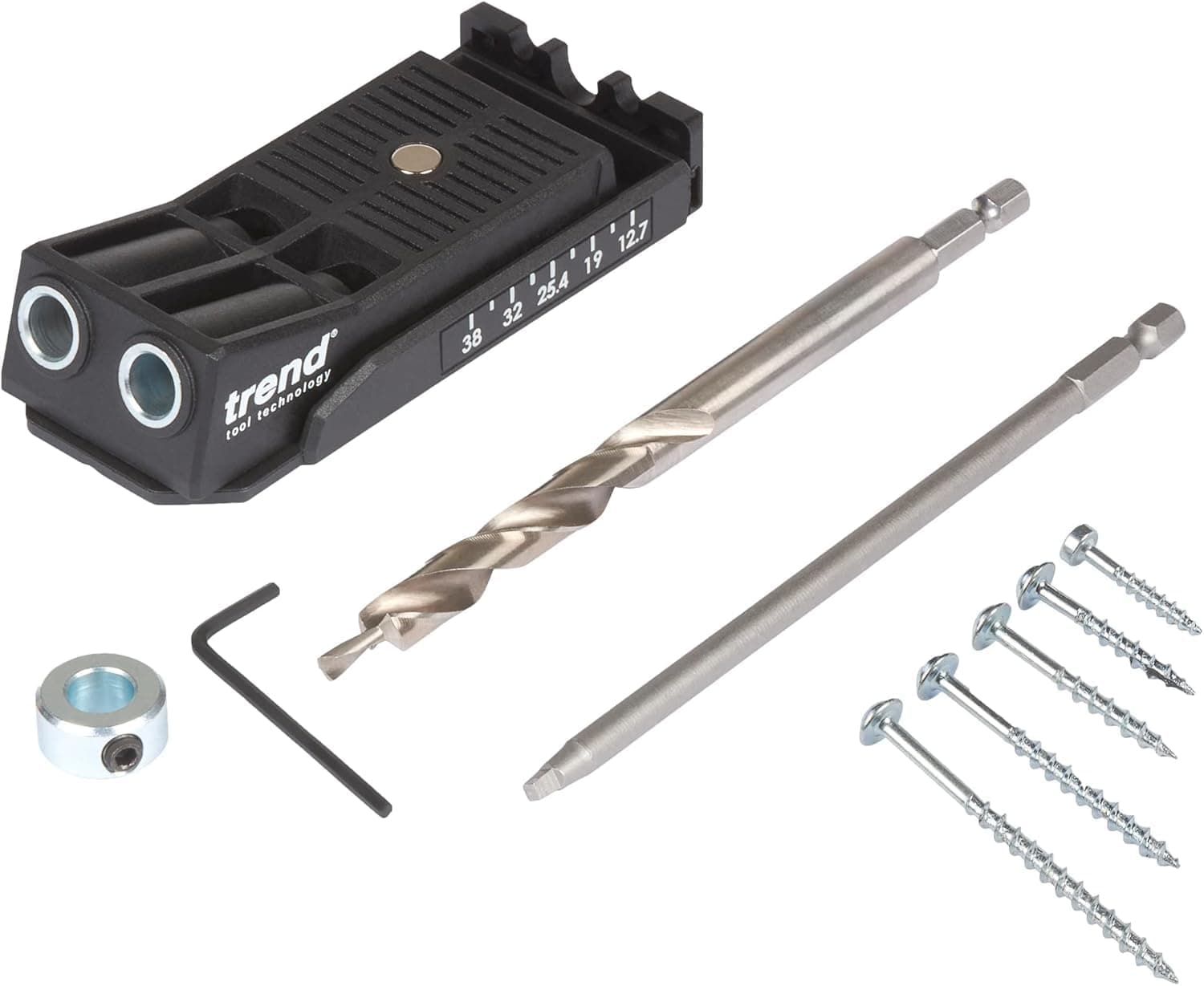 Trend Twin Pocket Hole Jig with HSS Drill Bit & Depth Setting Collar, Square Drive Bit & Pocket Hole Screws Selection, PH/JIG/C