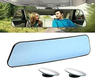 Rear View Mirror, Universal Clip On Wide Angle Anti Glare Blue Tint Car Mirror (Bonus 2 PCS Blind Spot Mirrors)