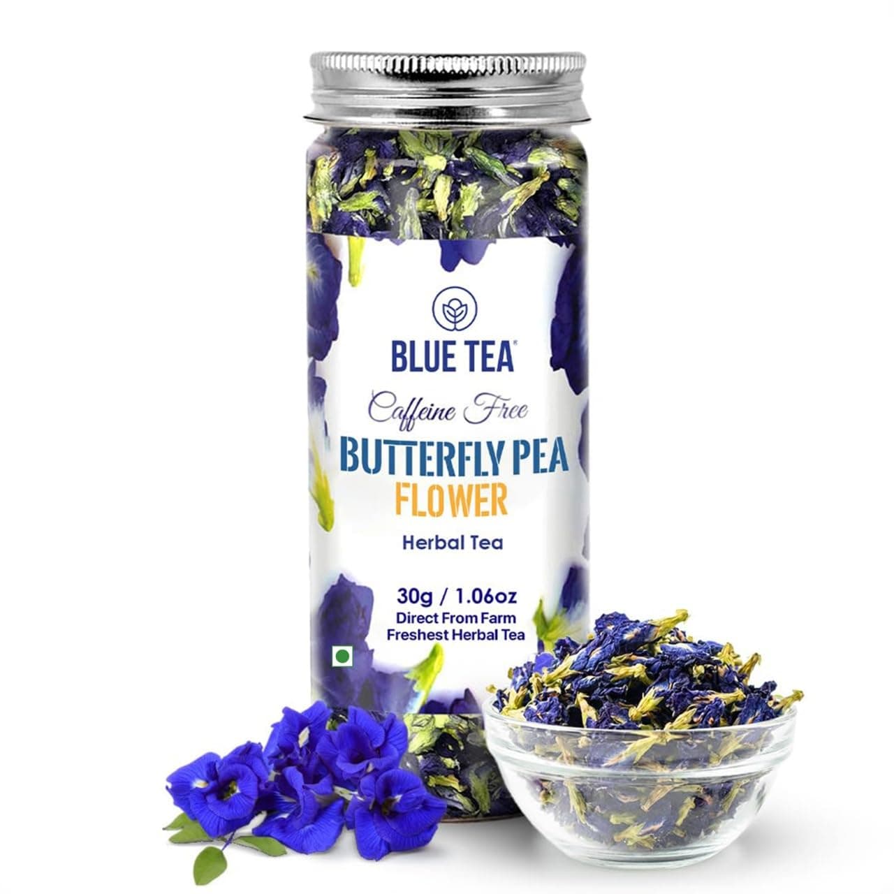 - BLUE TEA - Butterfly Pea Flower Tea - 30gm - 60+ Cups | SUPER ANTIOXIDANT | Caffeine Free || Aparajita - Shankhpushpi || Flower Based - Herbal Tea | Reusable Pet Jar