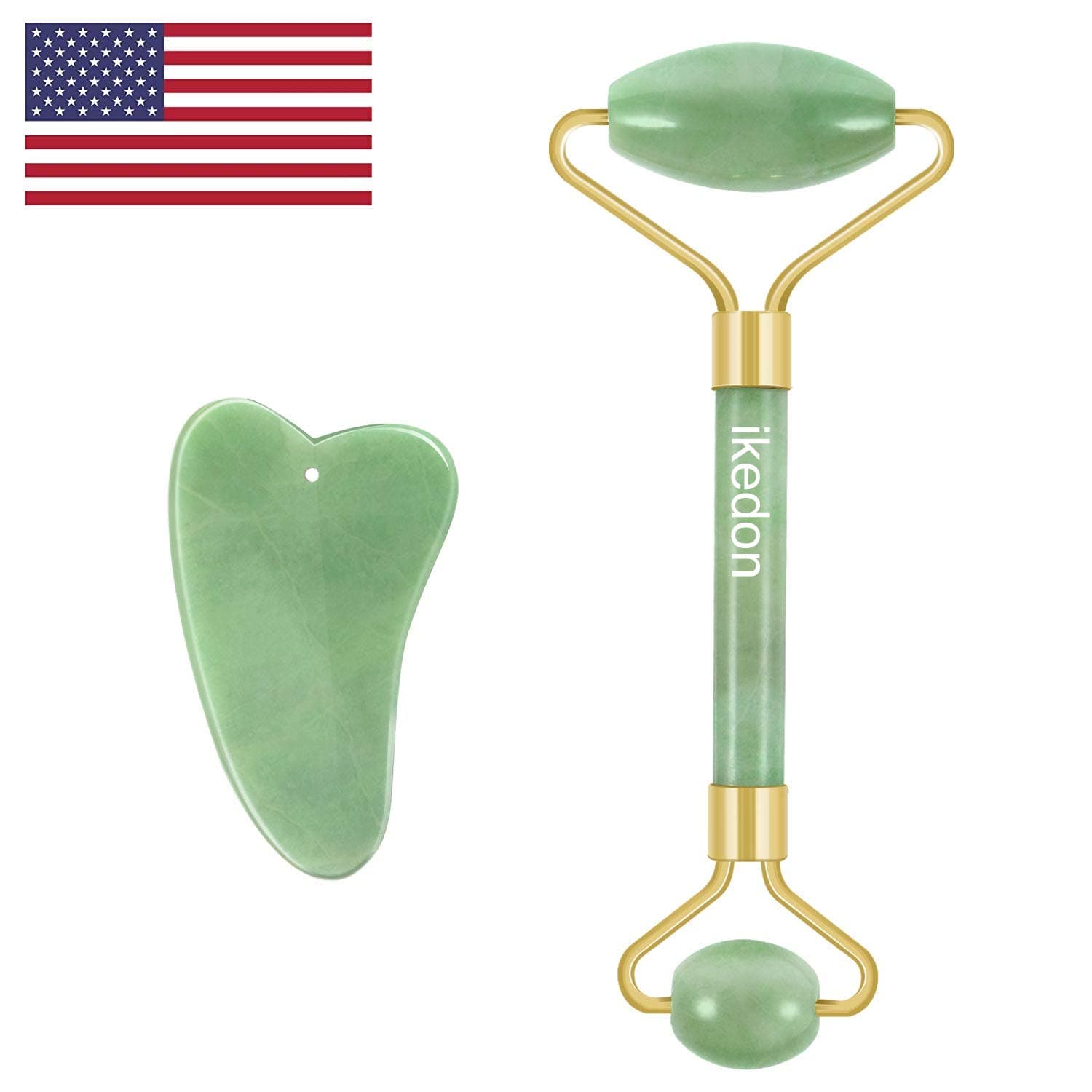 Jade Roller & Gua Sha Scraping Massage Tool By IKEDON, 100% Real Natural Jade Roller For Face Anti Aging Massage Products for Lymphatic Drainage and Wrinkles