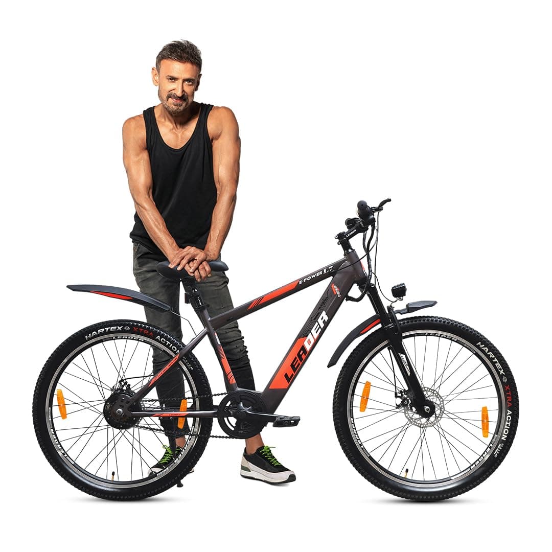 Leader E-Power L7 27.5T Electric Cycle with Front Suspension & Dual DISC Brake | Front LED Light and Horn (Li-Ion Battery, 250W BLDC Motor)| 1 Year Warranty on Battery & Motor (Grey-Orange)