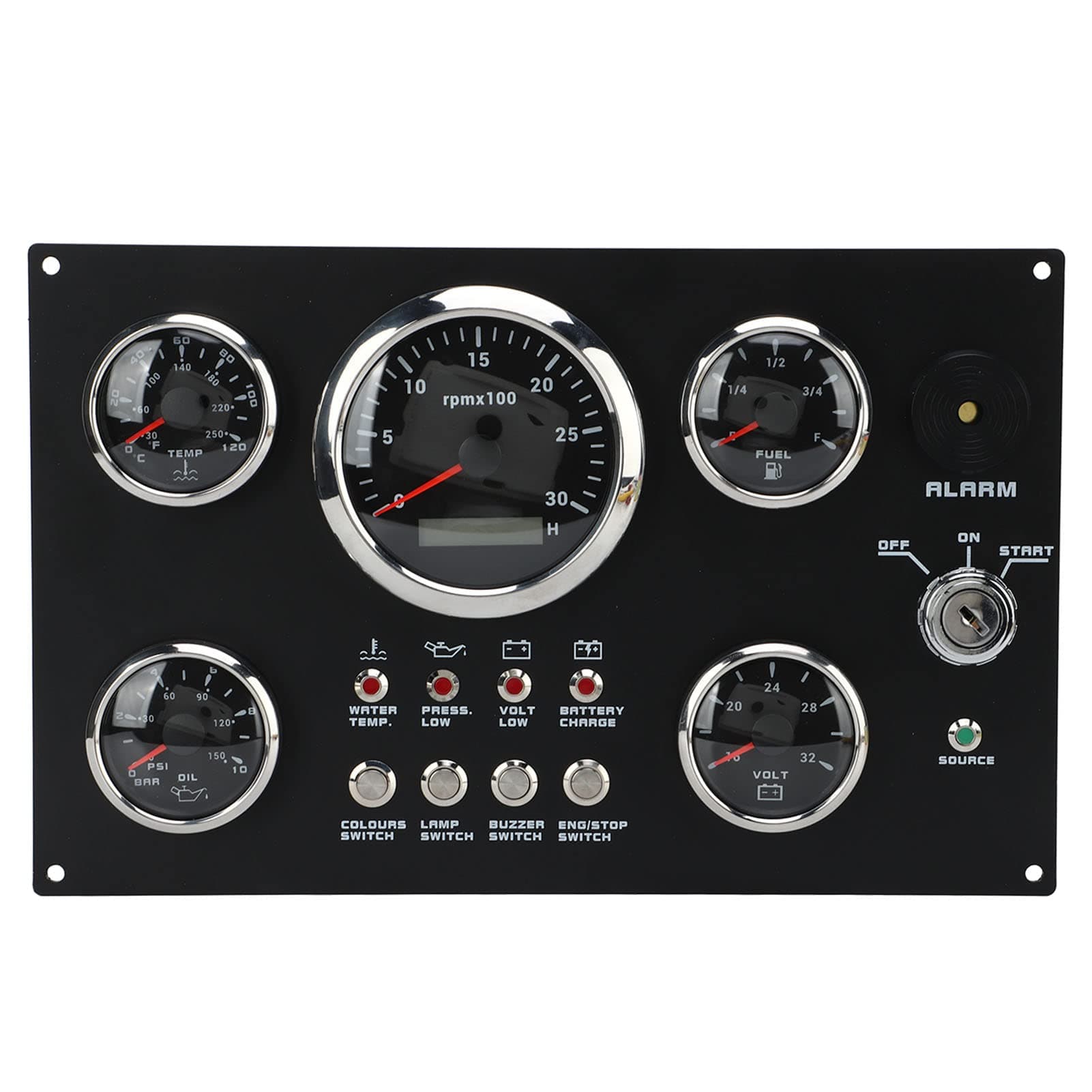 Boat 5 Gauge Cluster Set, Digital LCD Gauge Cluster Panel 3000RPM Fuel Level Oil Pressure Gauge Water Temp Voltage Display Dash Gauge Set for Marine RV Boat Yacht with Ignition Key