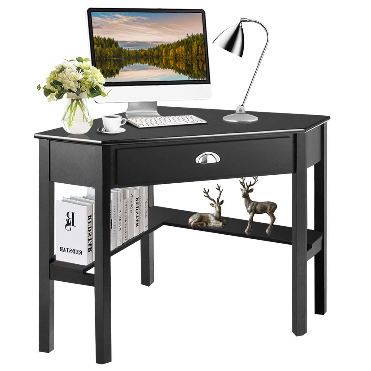 Tangkula Corner Desk, Corner Computer Desk with Drawer for Small Space, Small Corner Makeup Vanity Desk, 90 Degrees Triangle Corner Desk with Storage Shelves