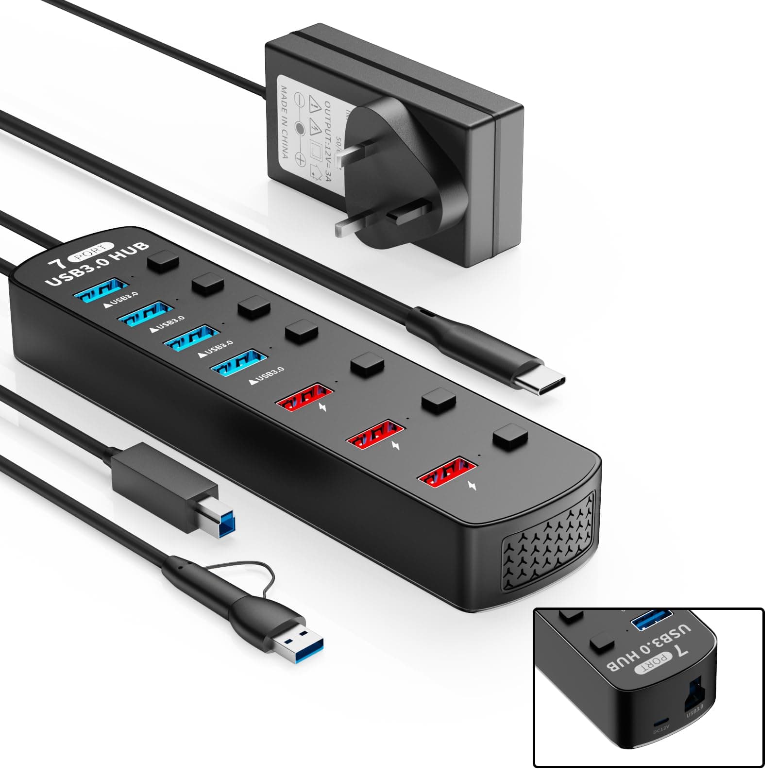 HerfairPowered USB 3.0 Hub, 7 Ports USB Extender, Fast Data Transfer, Compatible with Windows, Mac, Linux, Chrome OS, Smartphone, Printer