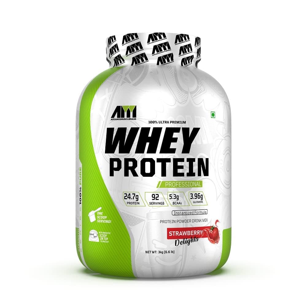 Advance MuscleMass Whey Protein Isolate + Whey Protein Concentrate Blend With Innovative Scoop On Top| 24.7 g protein (Strawberry Flavour | 3 Kg (6.6 lb), 92 Servings