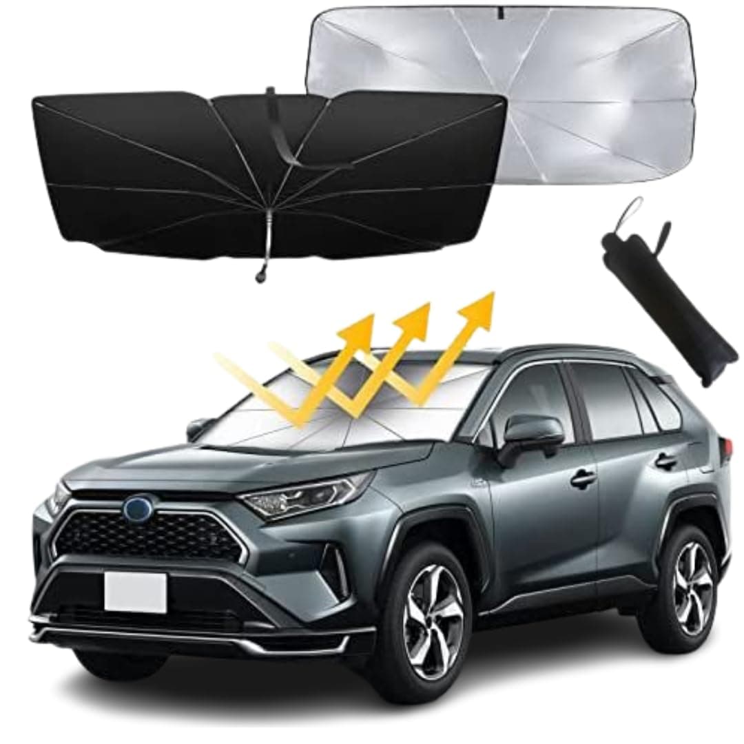 Car Front Sunshades - Umbrella Windshield With Leather Bag - For Foldable Umbrella Reflective Sun Protector for Your Car -Window Blocks UV Rays Heat Keep Vehicle Cool - Fits Most Vans SUVs (140x78 cm)