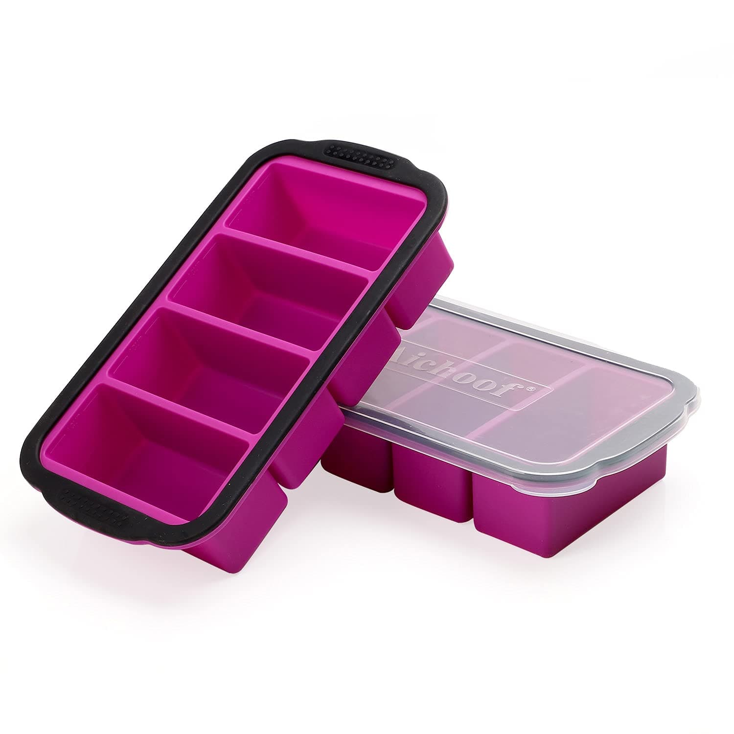 1 Cup Extra Large Silicone Cube Freezing Trays with lid for soup,broth,sauce or butter, Silicone Freezer Container Molds Soup Trays -makes four great portions 1cup Cube(2 PACK, Purple)