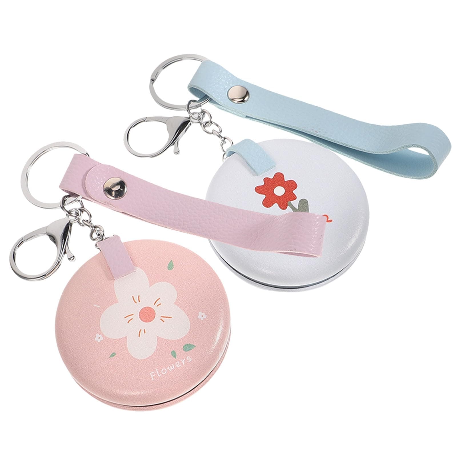 Mini Folding Double-sided Pu Leather Keychain Mirror Pendant, Compact Pocket Mirror Keyring for Women’s Handbag, Cute Floral Design Blue and Pink Set