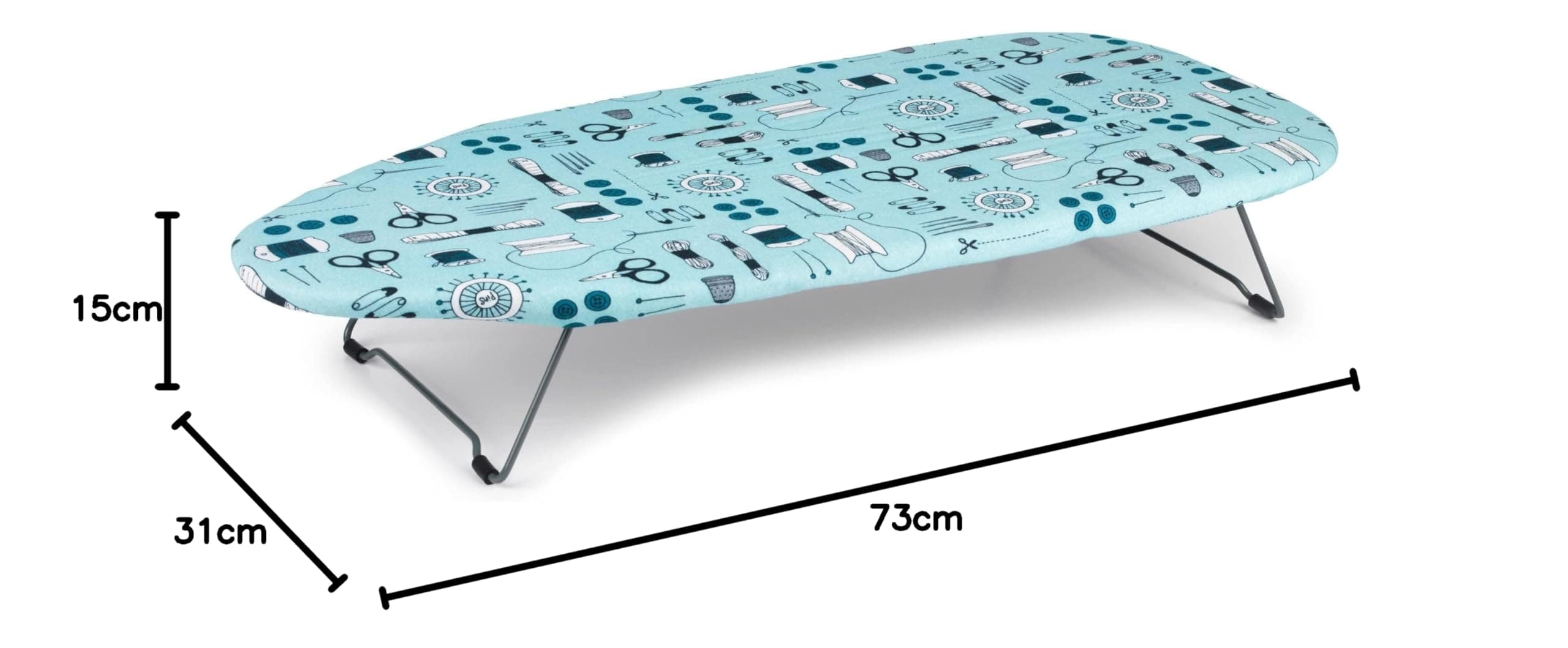 Beldray LA023735SEW Tabletop Ironing Board, Suitable for Left and Right-Handed Users, 73 x 31cm,100% Cotton Cover, Sew Print, Lightweight, Easily Foldable Legs, Perfect for Travel & Small Spaces
