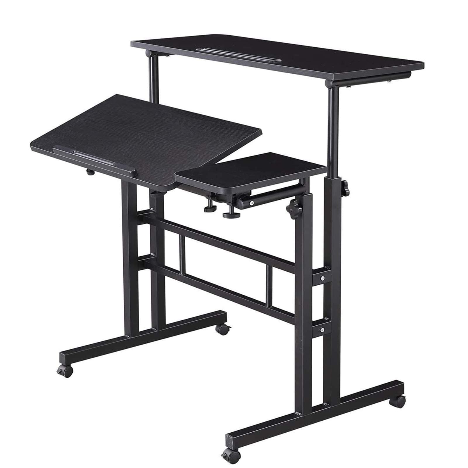 U-HOOME Mobile Standing Desk, Adjustable Computer Desk Rolling Laptop Desk Cart on Wheels Home Office Computer Workstation, Portable Laptop Stand Tall Table for Standing or Sitting,Black
