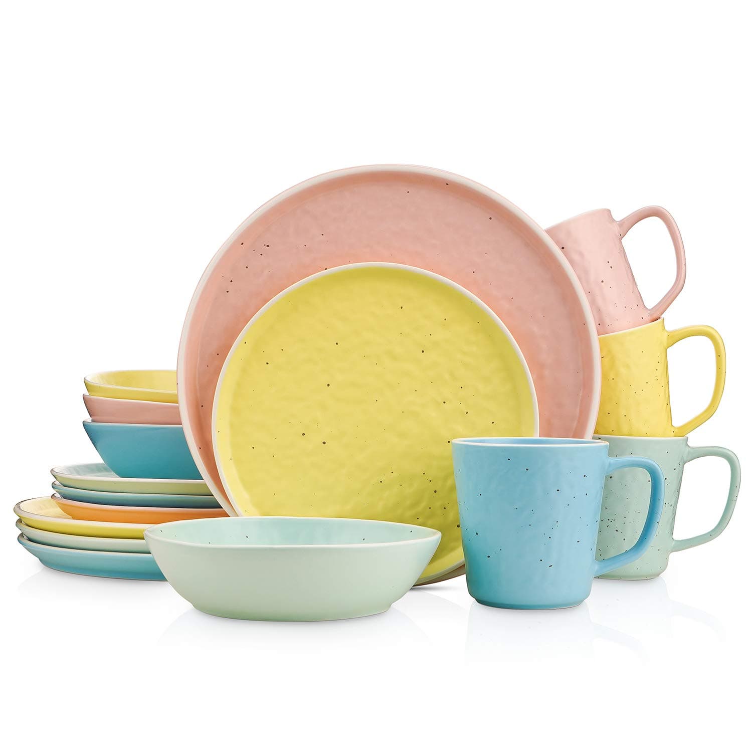 Stone Lain Elena Mix and Match 16 Piece Stoneware Dinnerware Set, Service For 4, Yellow, Blue, Pink, Mint