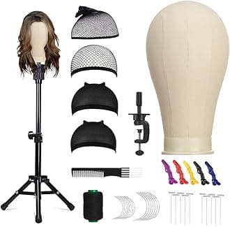 22 Inch Wig Head (White), Wig Stand Tripod with Heads, Canvas Block Head Mannequin Head Stand Wigs Display Styling Head With Mount Hole, Manikin Canvas Head Block Set for Wigs Making Display with Wig Caps, T Pins C Pins Set Bristle Brush