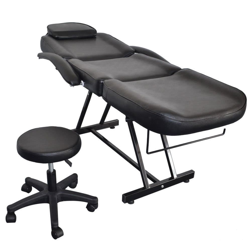 Massage Facial Bed Adjustable Back and Leg Rest Spa Table with Stool, PU Material w/Sponge Padding, Removable Face Pillow and Arm Rest for Facials, Eyebrow, Eyelash Extension, Tattoo and Beauty Salon