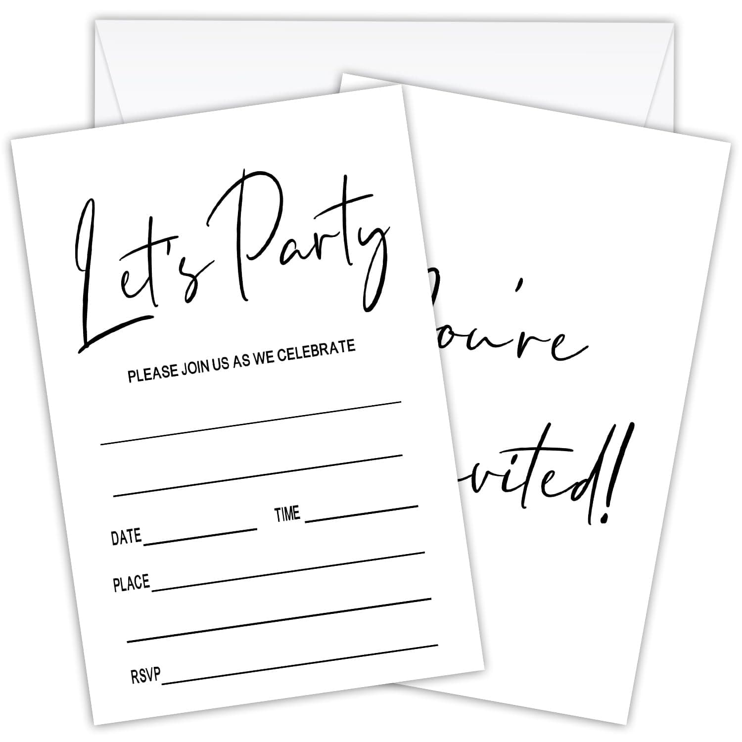Simple Let's Party Invitations with Envelopes, Black and White Fill - In Invite Cards for Wedding, Baby Bridal Shower Invite and Any Birthday - 073
