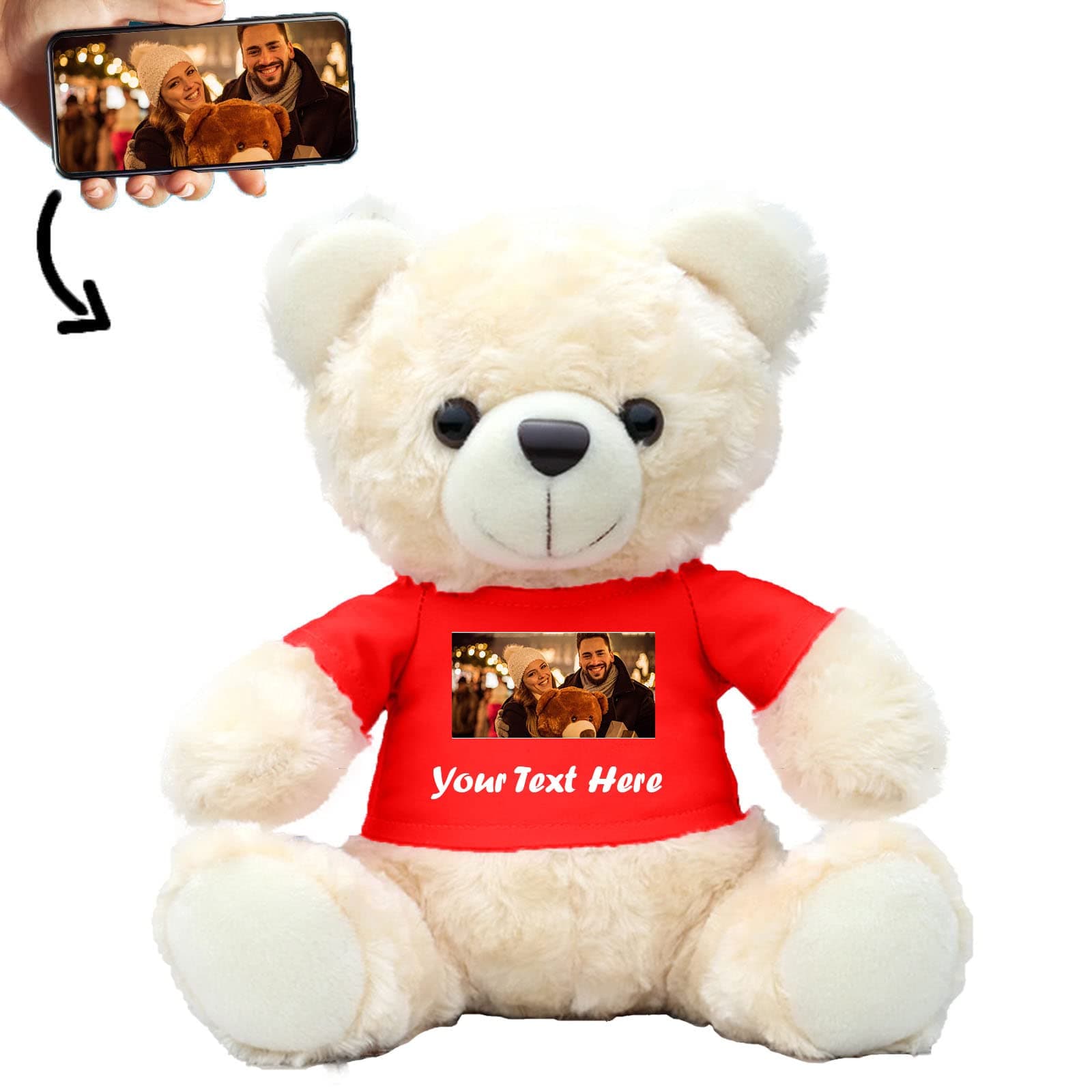 Personalized White Teddy Bear with Text+Photo, Teddy Bear Stuffed Animal for Girlfriend with T-Shirt as Personalized Gifts for Her/ Him on Anniversary/ Valentines Day/ Birthday(11 in-Fire Red)