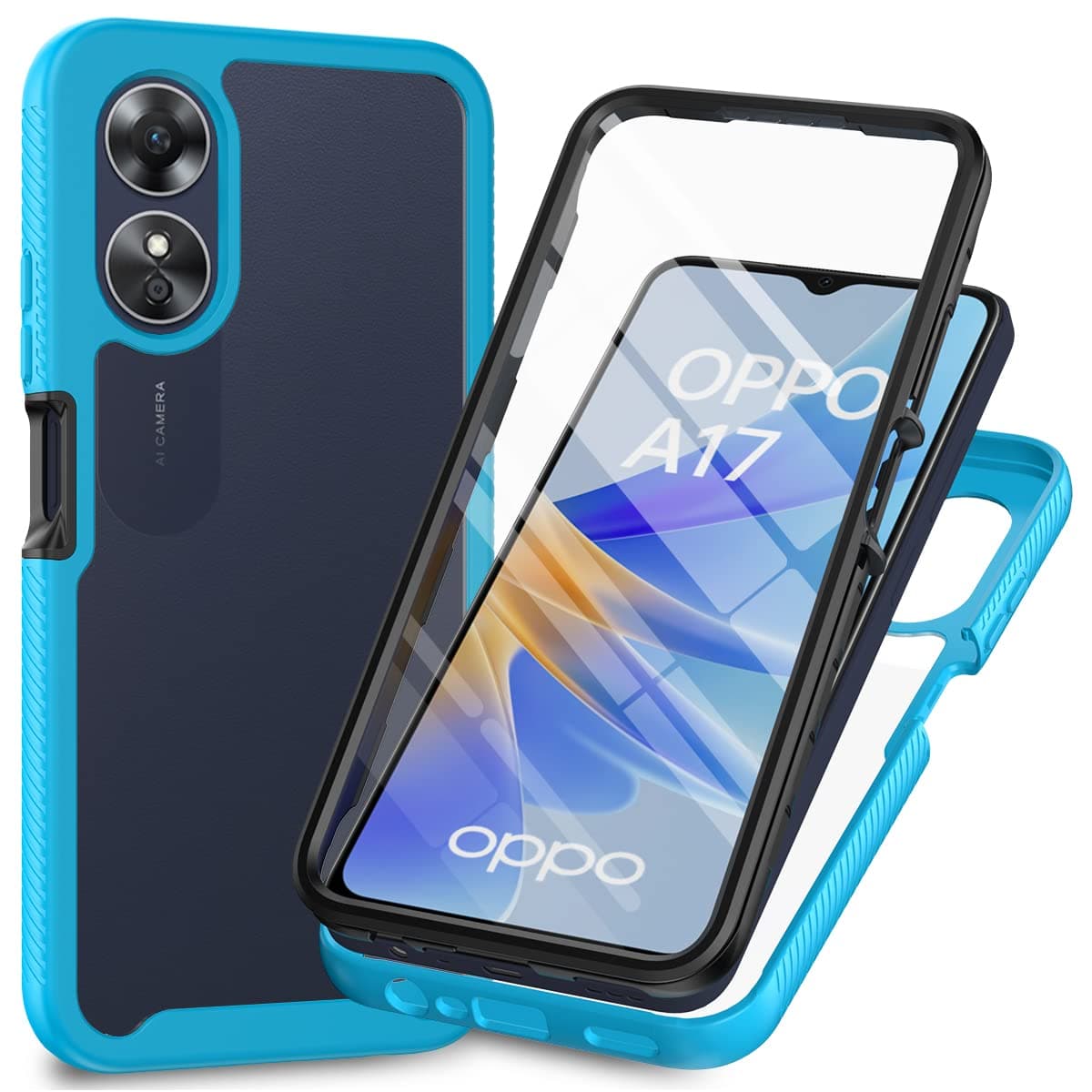 Oppo A17 Case with Built-in Screen Protector, 360 Full Body Protective Cover Heavy Duty Anti-Scratch Shockproof Slim Silicone Bumper Clear Phone Case for Oppo A17, Light Blue