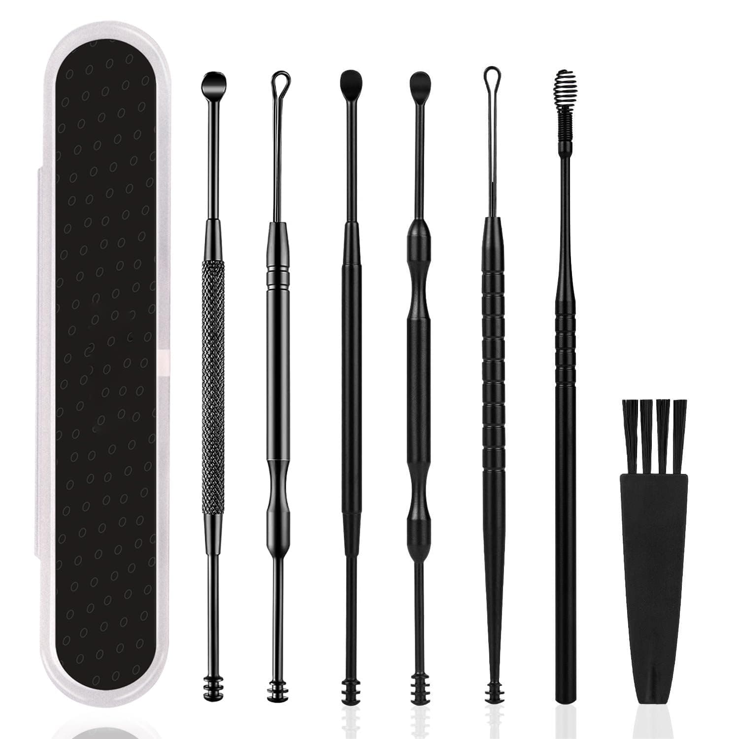 7 Pcs Ear Wax Removal Kit,Professional Double-Headed Ear Cleaner, Earwax Removal Tools, Stainless Steel Ear Cleaner with Cleaning Brush & Storage Box, Suit for Kid Adult(Black)