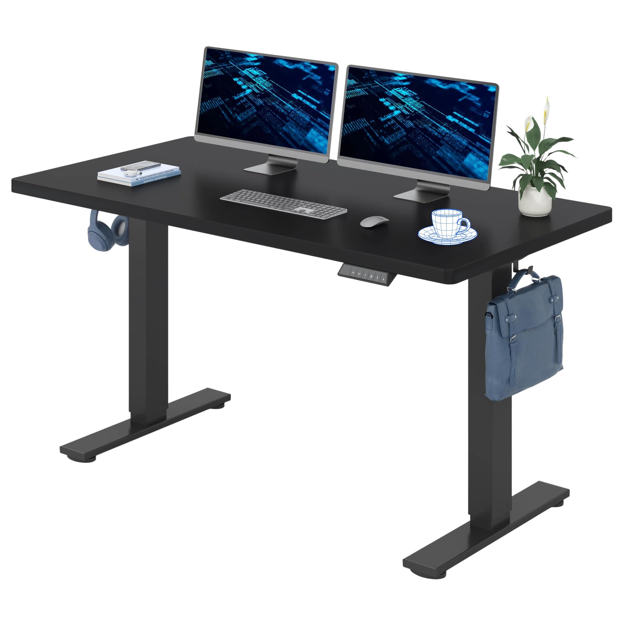160x80cm Electric Standing Desk Height Adjustable Desk ONE PIECE Sit Stand Desk Stand Up Desk with Memory Smart Pannel (Black Frame+Black Desktop)