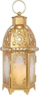 NEEDOMO 12.8'' Moroccan Lanterns Decorative Indoor & Outdoor, Vintage Christmas Candle Holder, Metal Lanterns Decorative, Table, Patio, Porch, Shelf, Christmas Spring Ramadan Eid Home Decor (Golden)