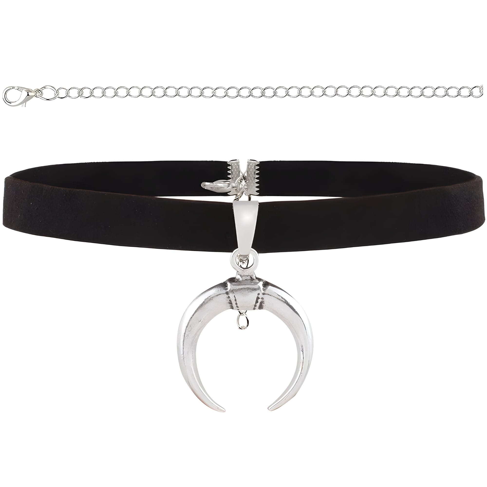 Black Suede Leather Choker Necklace with Silver Crescent Moon Pendant For Women Men