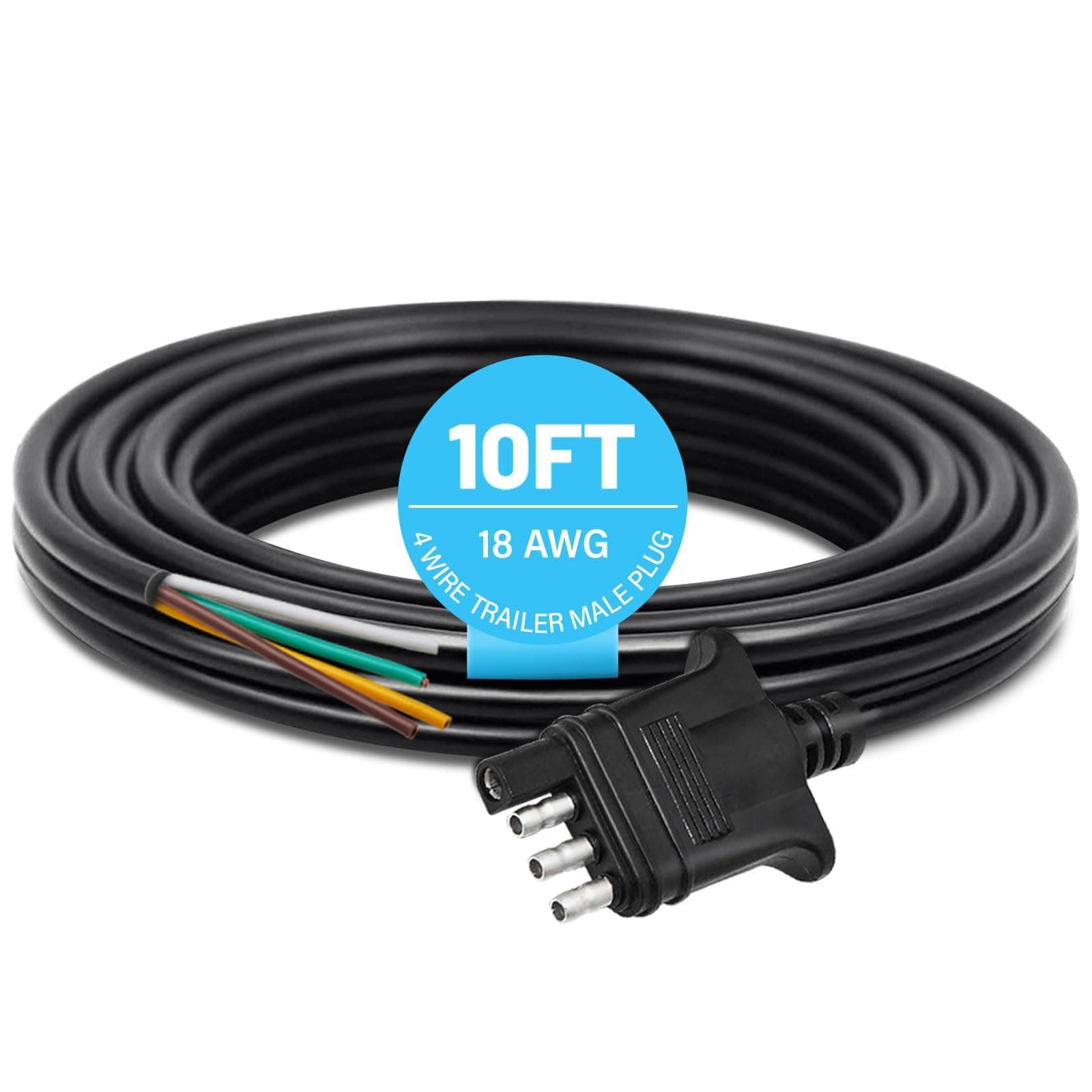 MECMO 4 Way Trailer End Connector Wire 10 Feet with Jacketed Cable, Heavy Duty 18AWG Color-Coded Pure Copper, Trailer-Side Male Connector Trailer Hitch Wiring