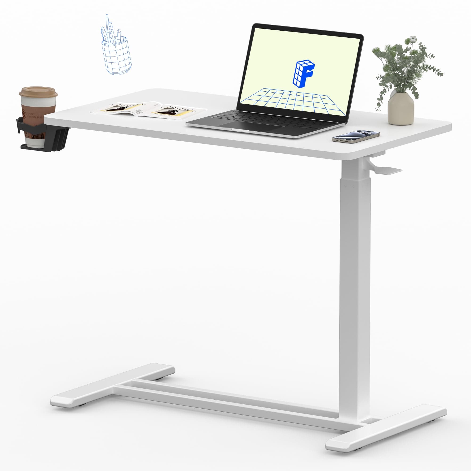 FLEXISPOT Mobile Standing Desk with Wheels Pneumatic Laptop Desk Rolling Computer Cart Movable Height Adjustable Small Sit Stand Desk Computer Workstations Home Use（31.5" W x 17.7" D,White