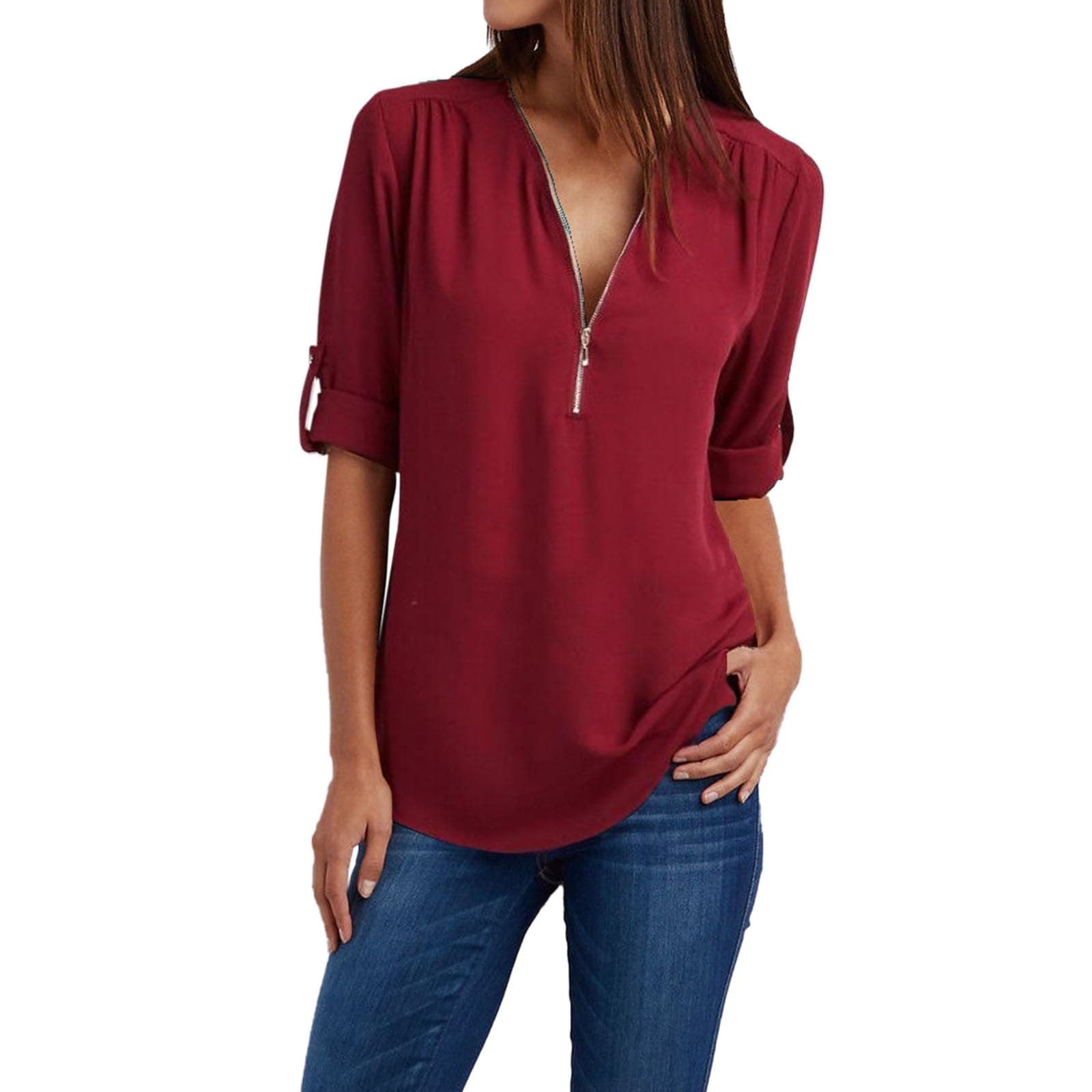 GenericWomen's 3/4 Sleeve Shirt Zipper Work Blouses Pullovers V Neck Casual Tunics Tops Chiffon Pull-up Sleeves Shirts