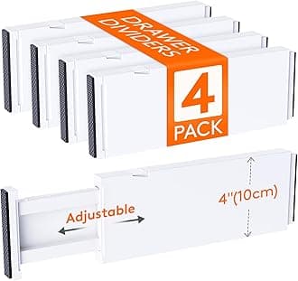 4 Pack 4" High Drawer Dividers 28 -43.5cm/11-17" Adjustable Kitchen Drawer Organiser, Expandable Drawer Dividers Separator for Clothes in Bedroom/Bathroom/Office Organisation & Storage White