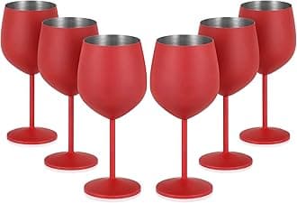Lifecapido Stainless Steel Wine Glasses Set of 6, 18oz Stainless Steel Wine Goblets, Stemmed Metal Wine Glasses with Cup Brush for Party Office Wedding Anniversary, Great for Red White Wine (Red)