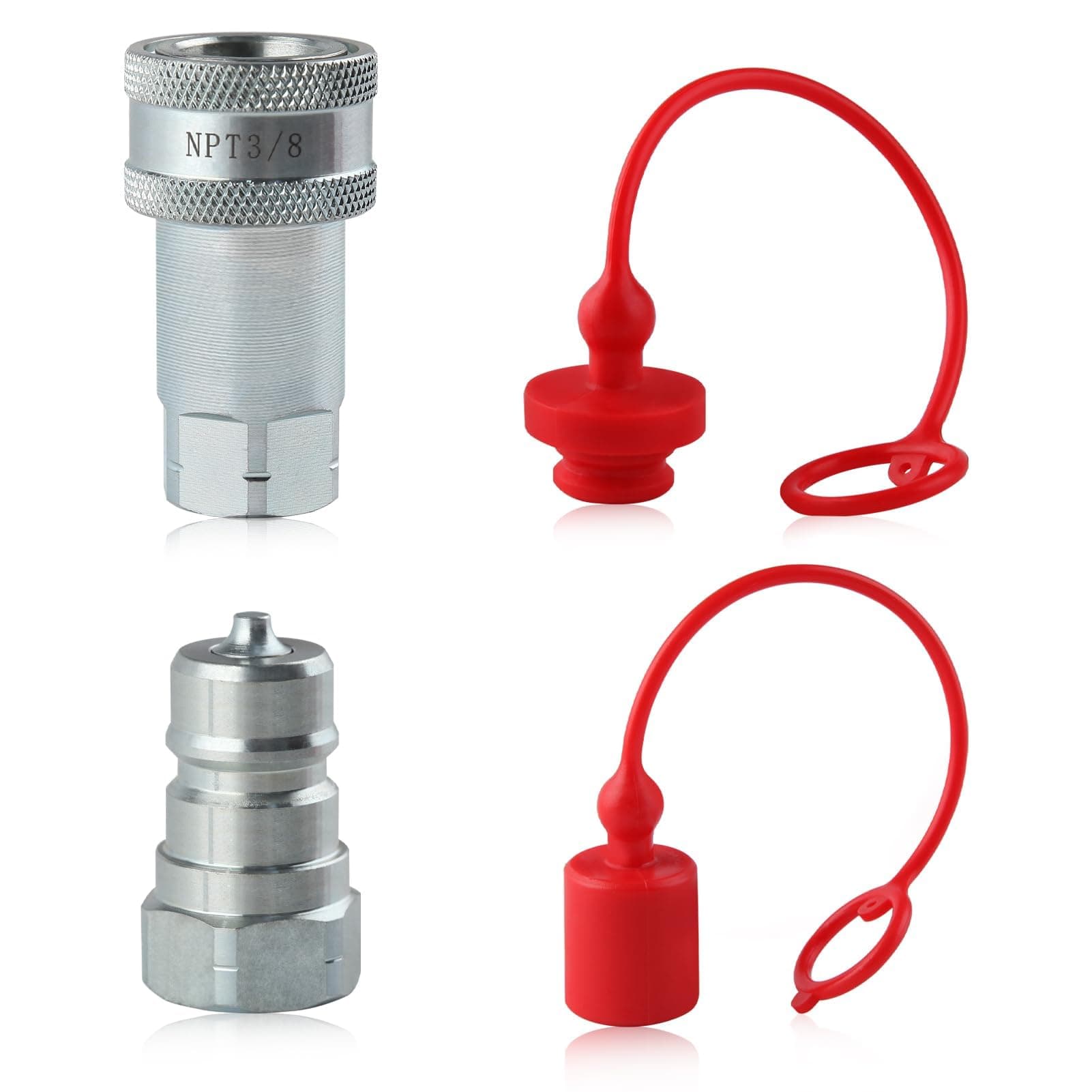 3/8" NPT Thread Ag Hydraulic Quick Connect Tractor Couplers with Dust Caps, ISO 7241-A Compatible, Red, Carbon Steel, 4 Pack