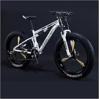 Mountain Bikes Men 26 Inch Adult Fat Tyre Mountain Bike with Full Suspension, High-carbon Steel Large Frame Dual Disc Brake Giant Bicycle,White 3 Spoke,30 Speed