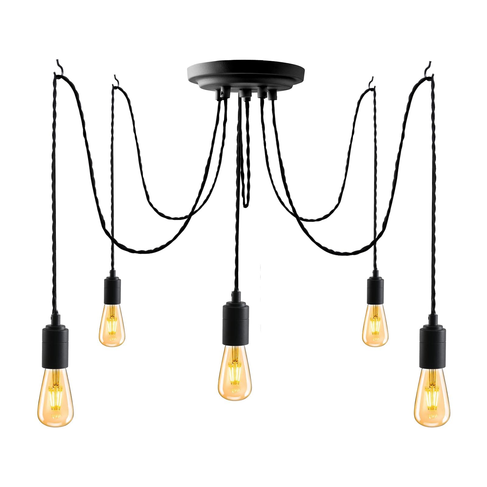 5Lights Black Industrial Pendant Light Fitting,Multiple Spider Ceiling Pendant Lamp Chandelier with Adjustable 3M Twisted Braided Cable E27 Lamp Holder