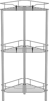 3 Tier Floor Standing Corner Shower Caddy Organizer Shelf with Hooks, Bathroom Shelves Stand Rack, Gray