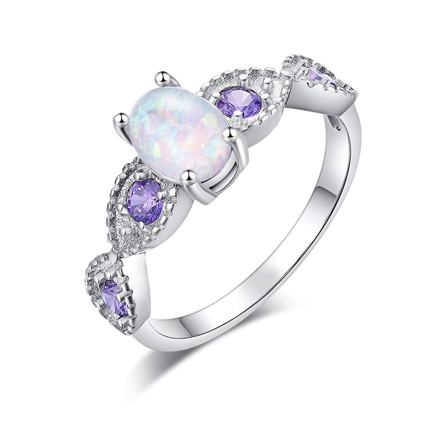 18K Gold Plated Opal Ring-White Fire Opal & Amethyst & Cubic Zirconia Women Jewelry Gemstone Engagement Anniversary Ring Size 5-13