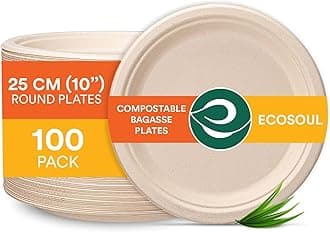 [10 inch, 100 Count] Disposable Bagasse Plates | Eco-Friendly, Biodegradable, Sugarcane Paper Plates | for Serving Snacks | Birthday, Wedding & Party | Round, Beige (25 cm)