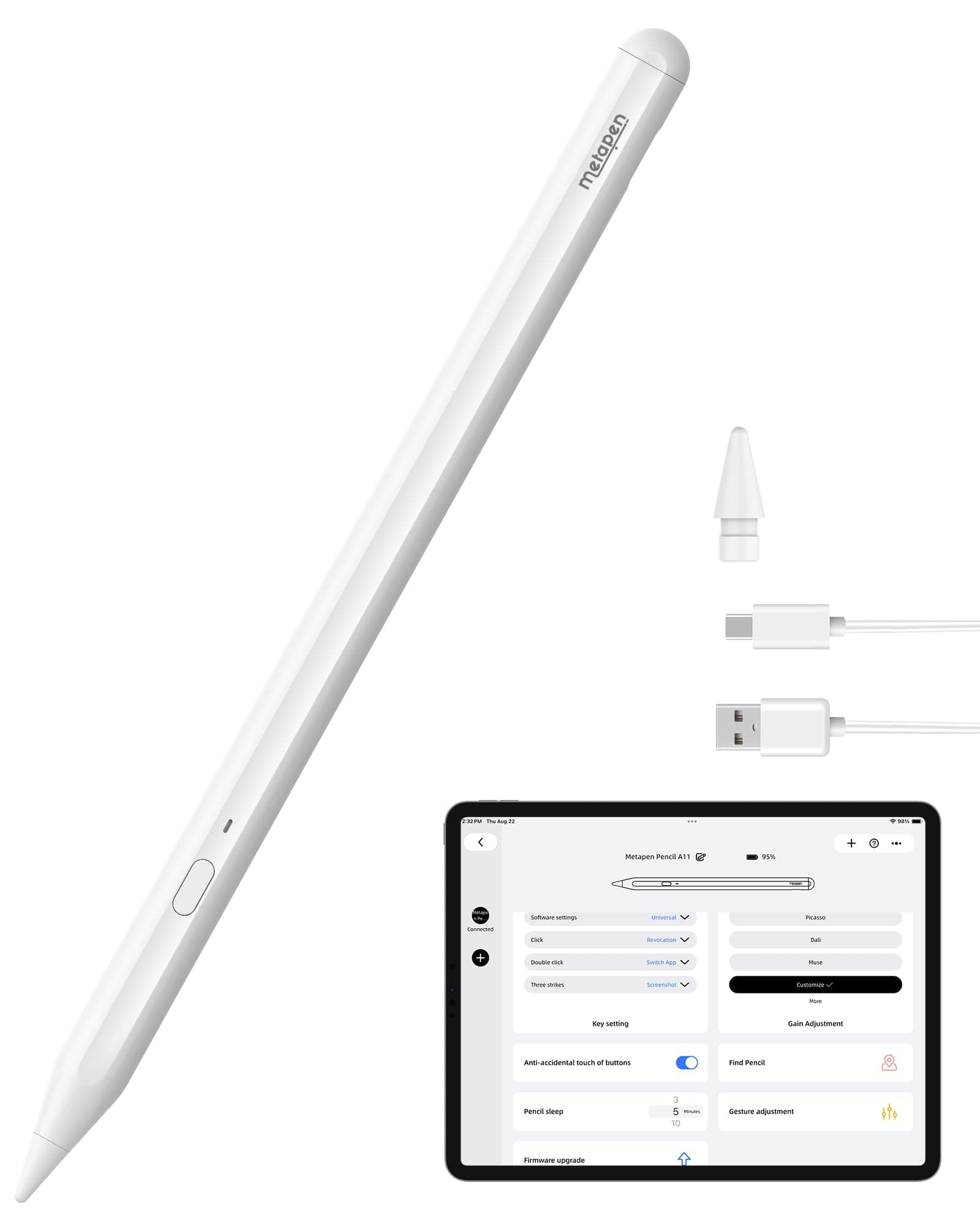 Metapen iPad Pencil A11 (Efficient Shortcuts & Smoothier Inking) for Apple iPad 10th/9th~6, iPad Air 5/4/3, Stylus Pen for iPad Pro (12.9" 6th /11" 4th Gen) in 2018-2022, iPad Mini 6 - Palm Rejection