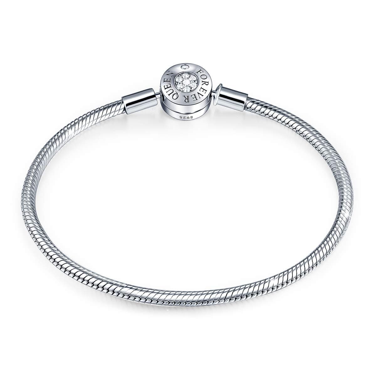 Charm Bracelet Fit Charms 925 Sterling Silver Basic Snake Chain Bracelet for Women Girls, Signature Bracelet with Sparkling Round Clasp Charm Clear CZ for Christmas Valentine Mother's Day Gift