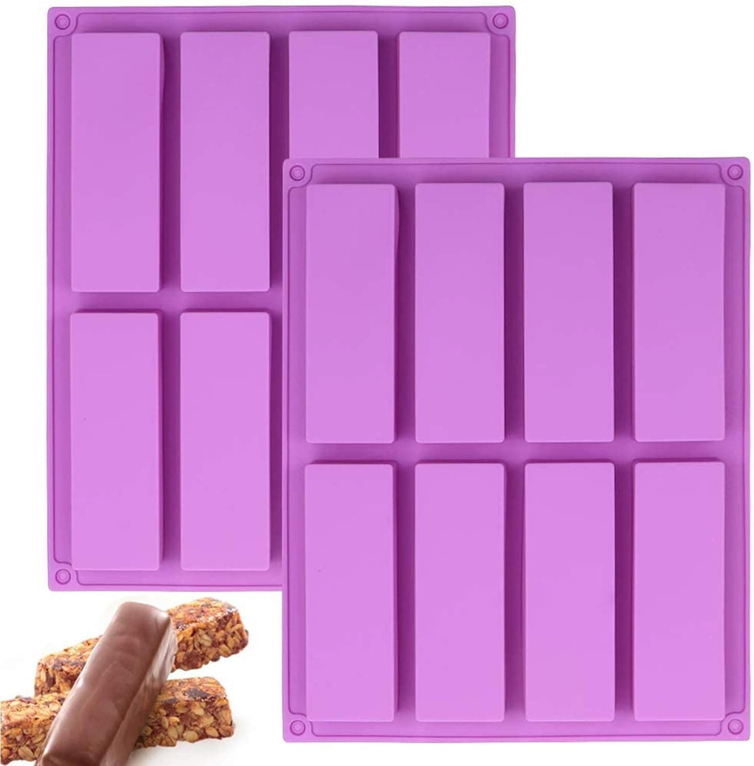QCQHDU Silicone Rectangle Molds,8 Cavity Medium Baking Mould Silicone Baking Pan for Caramels Hard Candies,Cake,Chocolate Truffles,DIY Jelly,Butter,Soap Pack of 2(Purple)