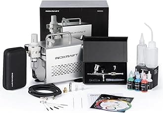 Airbrush Kit with Air Compressor- 1/6 HP Quiet Air Compressor, Gravity Airbrush with 3 Tips 0.2, 0.3 & 0.5 mm- Hose, Holder, How-To Guide- Airbrush Paint Set for Model Painting gift 4 Colors