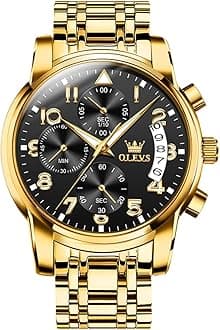 OLEVS Men's Gold Watches with Two Tone Stainless Steel Band, Classy Large Face Diamond Chronograph Watches for Men, Black Face/Gold Band, round