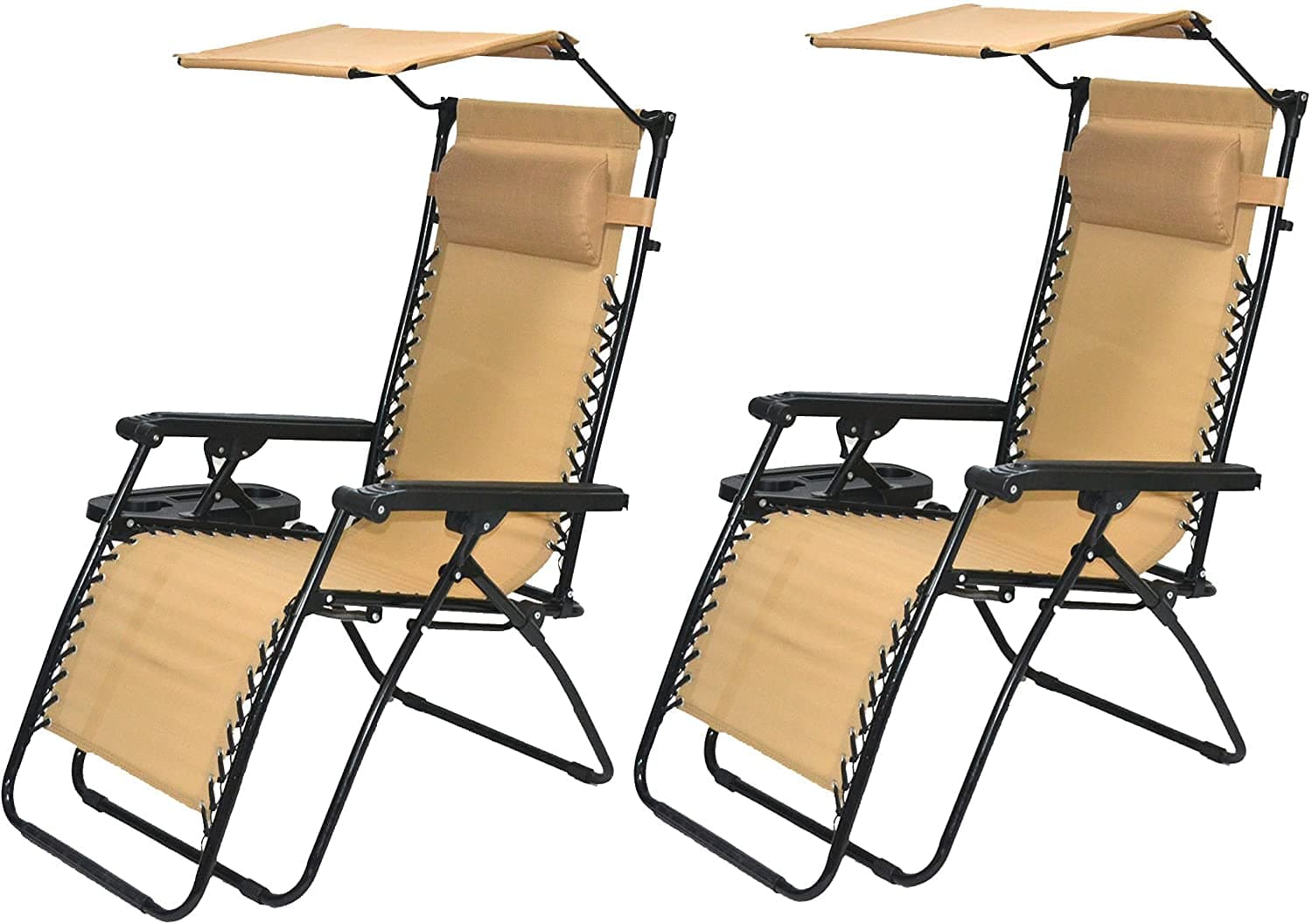 BTEXPERT Set of 2, Adjustable Steel Mesh Zero Gravity Lounge Chairs Outdoor Patio Recliner Beach Yard Garden w/Pillow Sunshade Utility Tray Cup Holder Heavy Weight Capacity, 2Pack TAN Beige w/Canopy
