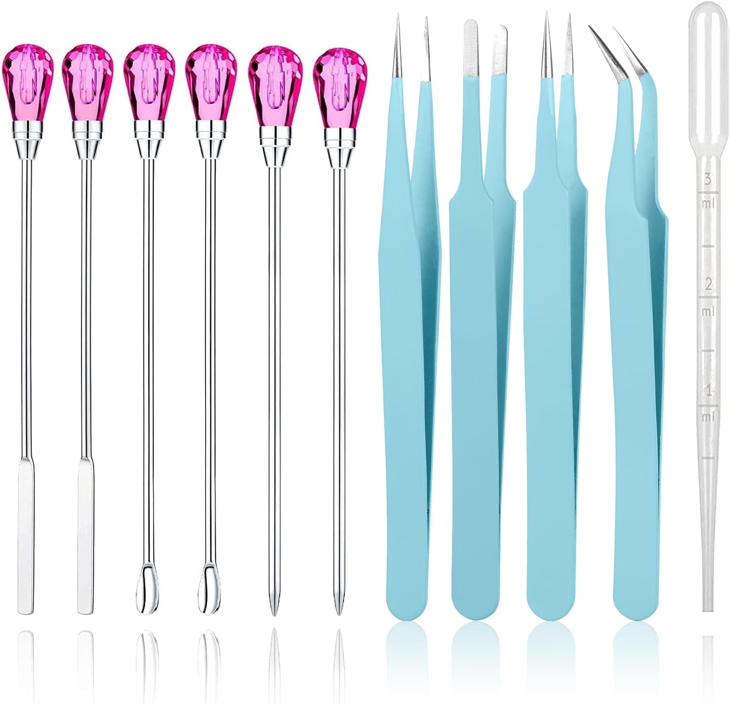 11 Pcs Silicone Resin Mold Tools Set Stirring Needle Spoon Tool Tweezers Precision Kit, Anti-Static Electronics Tweezers Set for Resin Art Crafts,Jewelry Making,DIY Epoxy Casting Molds-Rose Red & Cyan