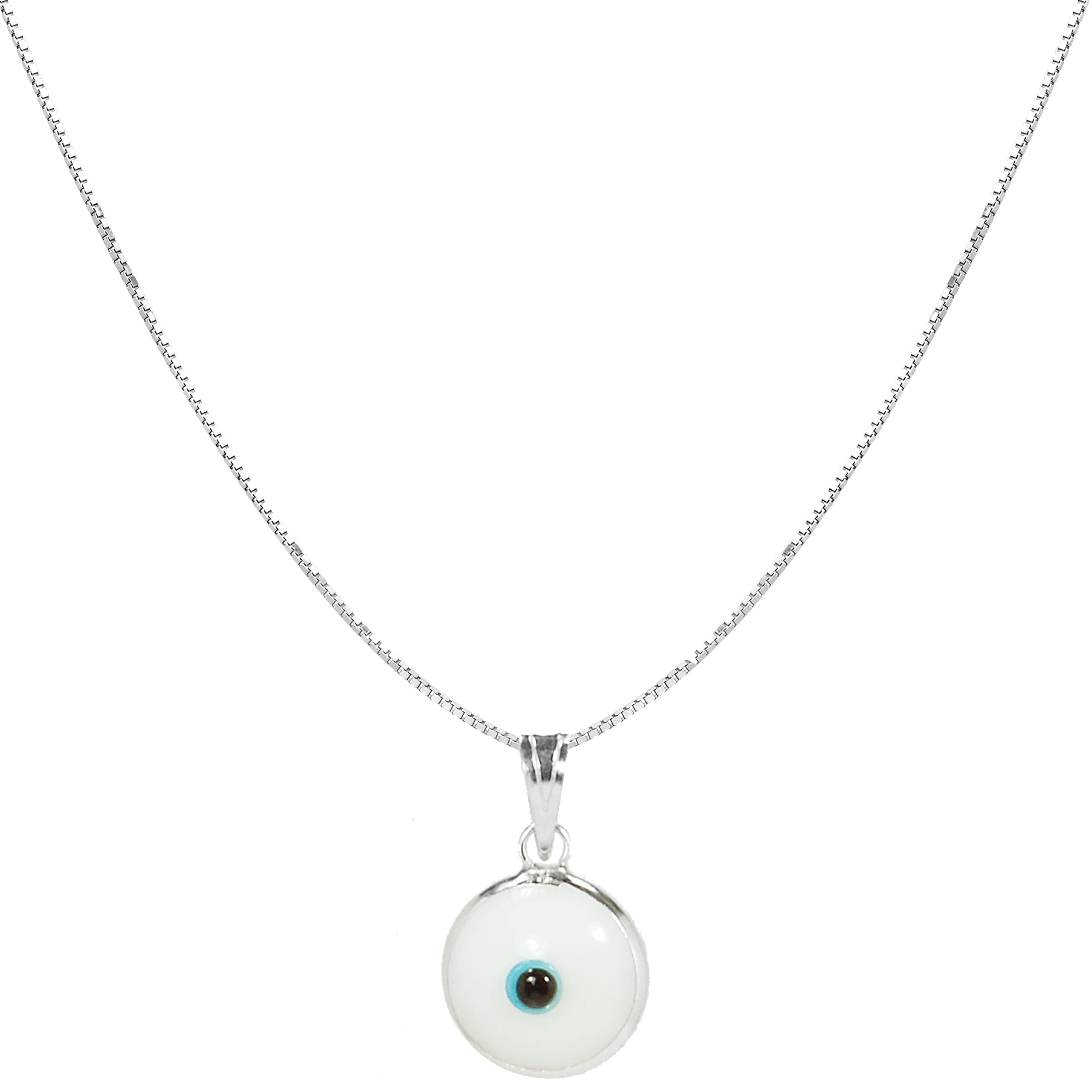 PICK YOUR CHARM - Blue Red or White Evil Eye Protection Charm Pendant on 20 Inch Silver Box Chain Necklace for Men & Women - Evil Eye Jewelry in 925 Sterling Silver