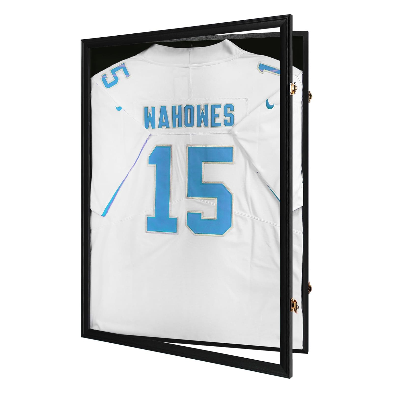 Jersey Frame Display Case-Jersey Display Shadow Box- Lockable Jersey Frame with 2 Wall Hangers and UV Resistant Acrylic-Display Case for Football Baseball Basketball Jersey-Black, Wood