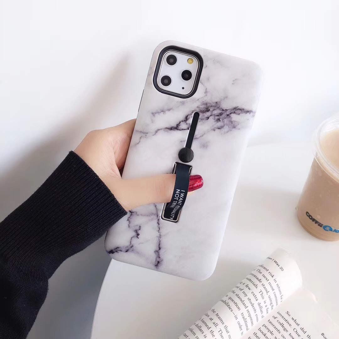 Ponnky iPhone 11 Pro Max Flower Case, 3D Embossed Leaves with Flowers Pattern Design Shockproof Slim Fit Dual Layer Finger Ring Strap Case Finger Strap for iPhone 11 Pro Max (White Marble)