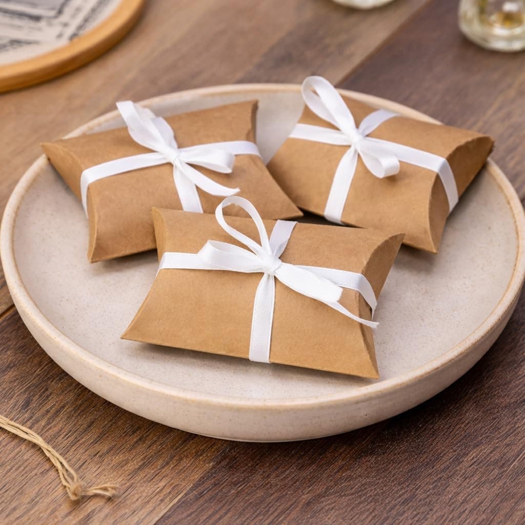 SATYAM KRAFT 100 Pcs Small Mini Decorative Folding Paper Gift Boxes with ribbon– Fancy Gift Packaging for Wedding, Engagement, Shaadi Return Gifts,Valentine's day, Party favours, Chocolates, Dry Fruits, Festivals & Special Occasions (Brown)