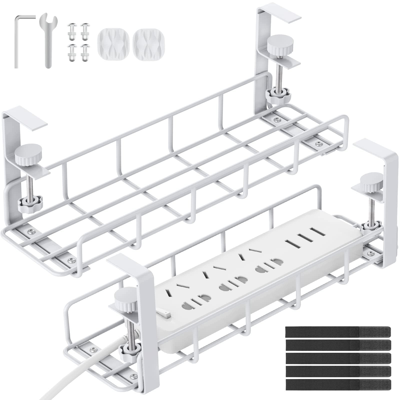 Under Desk Cable Management Tray, 31.5'' No Drill Steel Cable Tray Organizers, Wire Management Tray Cable Rack with Clamp Mount, Metal Under Desk Tray with Wire and Cord Organizer (White, 2 Pack)