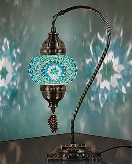 DEMMEX Authentic Turkish Lamp, Made in Turkey, Turkish Moroccan Mosaic Table Bedside Lamp, 100% Handcrafted, Antique Brass Color Metal Body and Decorated Metal Base, Gooseneck, 15" (Turquoise)