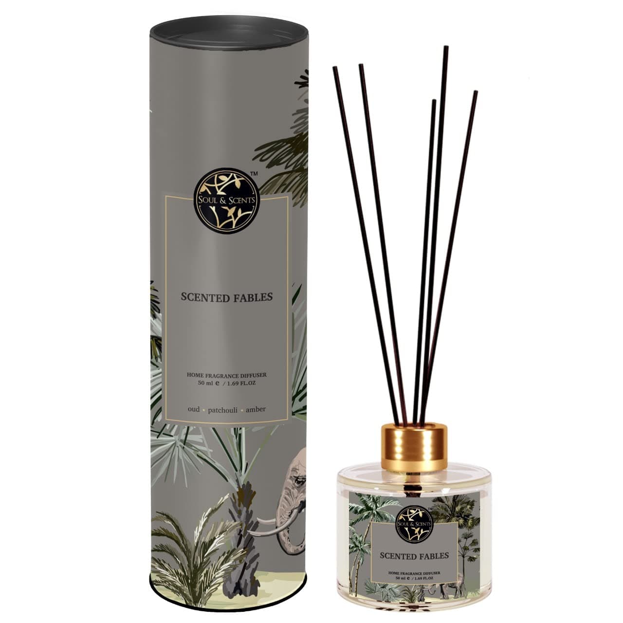 Soul & Scents 50 ml Scented Fables Reed Diffuser Set | Fragrance of Oud, Patchouli & Amber | Get 5 Rattan Reed Sticks | Long Lasting | Smoke Less Room Freshener for Home, Bedroom, Living Room & Office