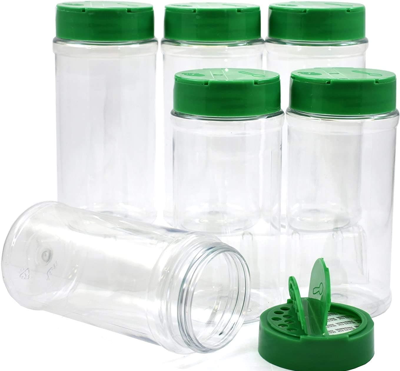 6 Pack 16 Ounce Round Green Cap Plastic Spice Jars Bottles Containers Perfect Storing Spice, Herbs Powders Lined Cap Safe Plastic Made in the USA